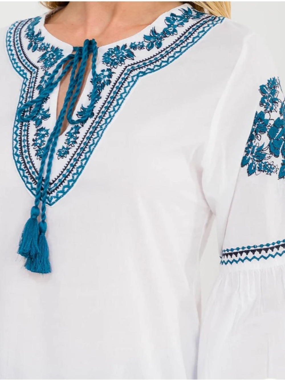 Talori-Boho Tunic Top with Blue Embroidery and Tassel Tie multiple sizes - Picture 2 of 7